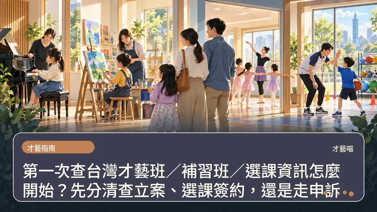 第一次查台灣才藝班／補習班／選課資訊怎麼開始？先分清查立案、選課簽約，還是走申訴主題插畫